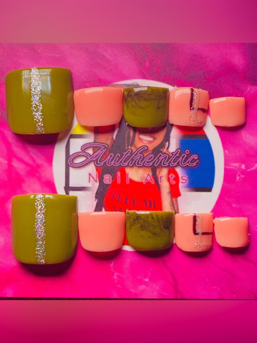 Authentic Nail Arts Olive Green & Peach Press-On Nails